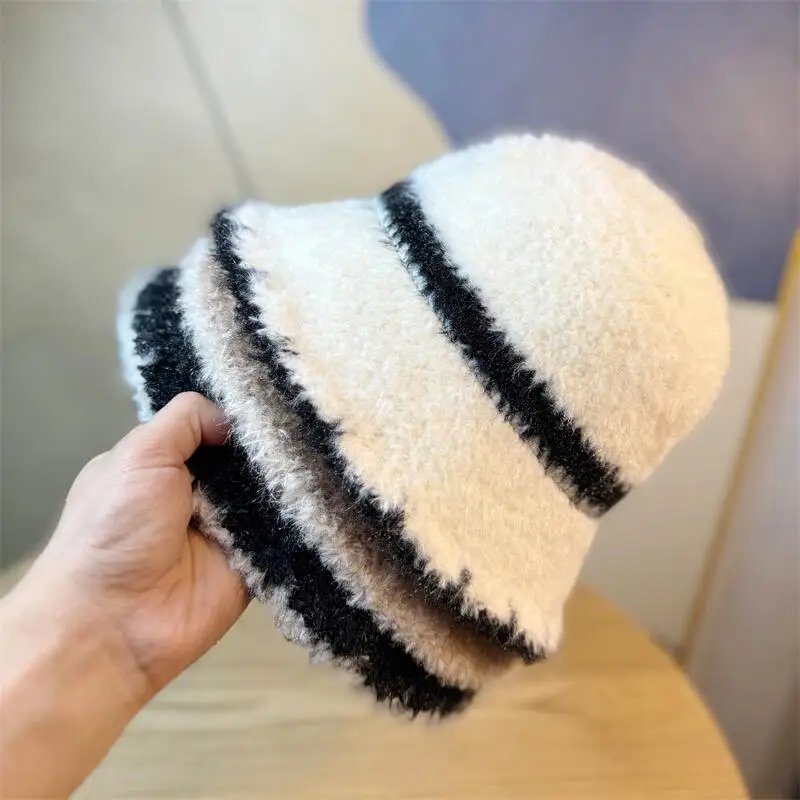 New autumn and winter fashion striped color bucket hat female casual outdoor travel warm windbreak basin hat