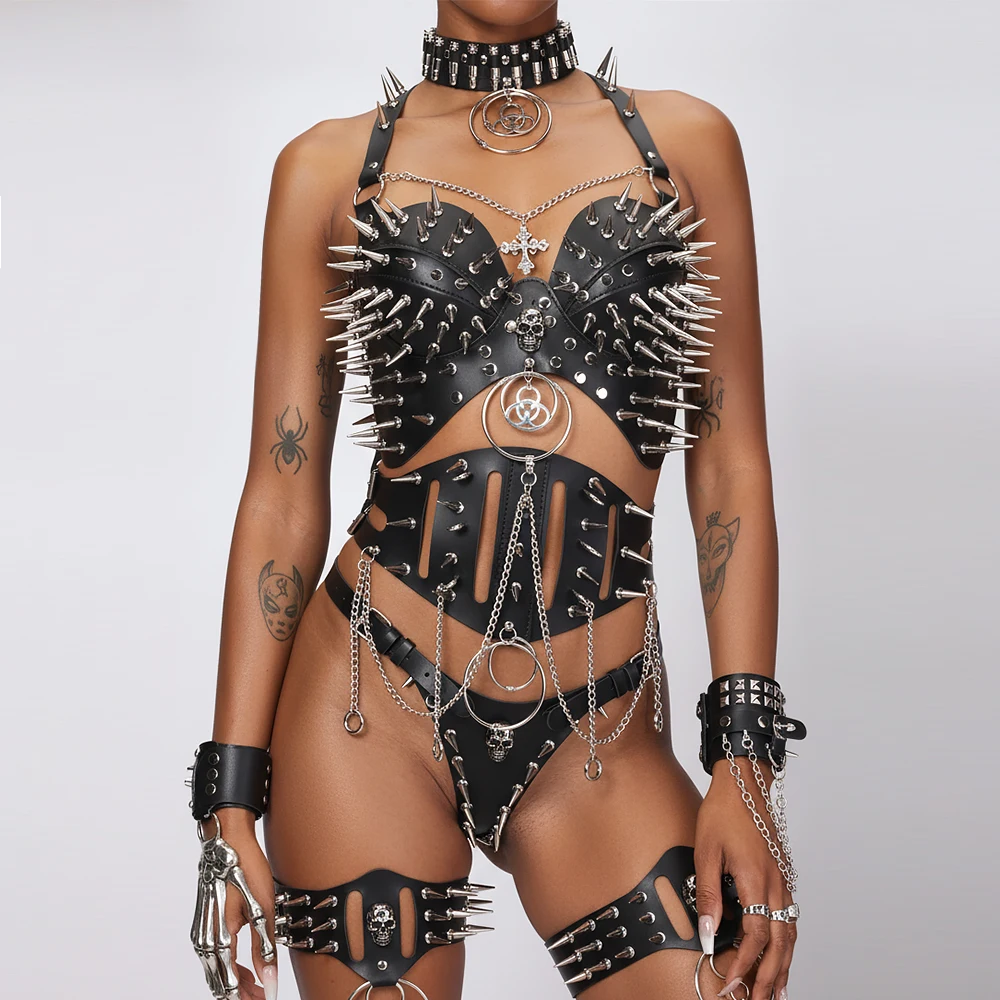 Y2K Halter Top Gothic Punk Rock Emo Revival Chain Spiked Studded Rivet Clothing with Spikes Goth Grunge Rave Festive Tops