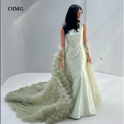 OIMG Green Satin Mermaid Evening Dresses Gown Strapless Tight Long Tulle Train Arabic Prom Party Dress Dubai Formal Gowns