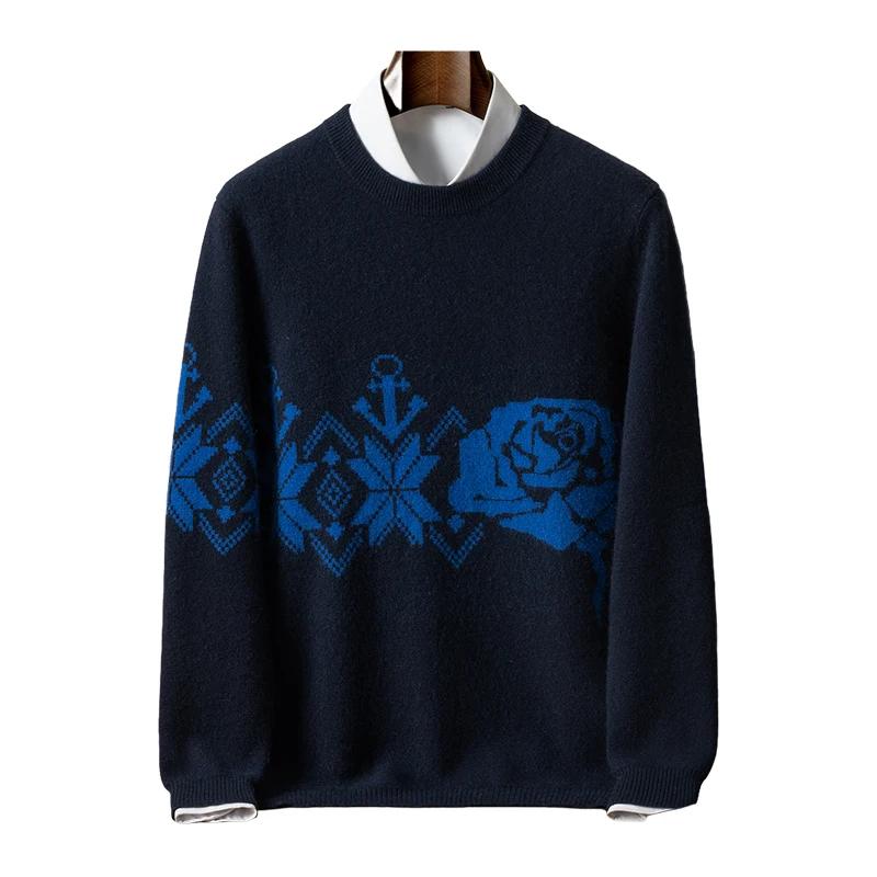 

Свитер из 100% чистого кашемира, мужской свитер с круглым вырезом, толстый свободный трикотаж, жаккардовый базовый свитер, верхняя одежда, четырехслойный воздушный слой