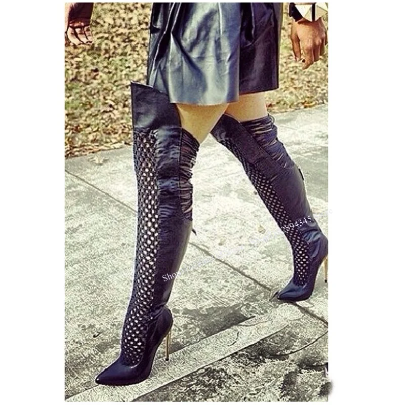 

Black Hollow Mesh Zipper Over Knee High Boots Thin High Heel Fashionable Sexy Cool Western Winter Woman Shoes Zapatillas Mujer