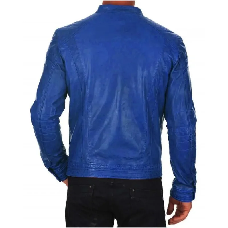 Cafe Racer Men's Real Genuine Lambskin Casual Wear Leather Jacket Blue Zip Front