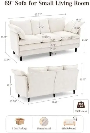 69 Inch Small Sofa, 3-Seater Loveseat Couch with Cloud 2 Layer Cushion, 22.8