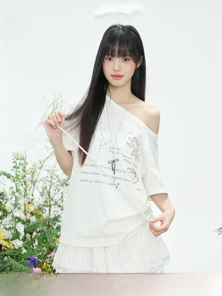 

ELEVEN SP Летняя оригинальная белая женская футболка с асимметричным принтом ort Sve, универсальный удобный хлопковый топ