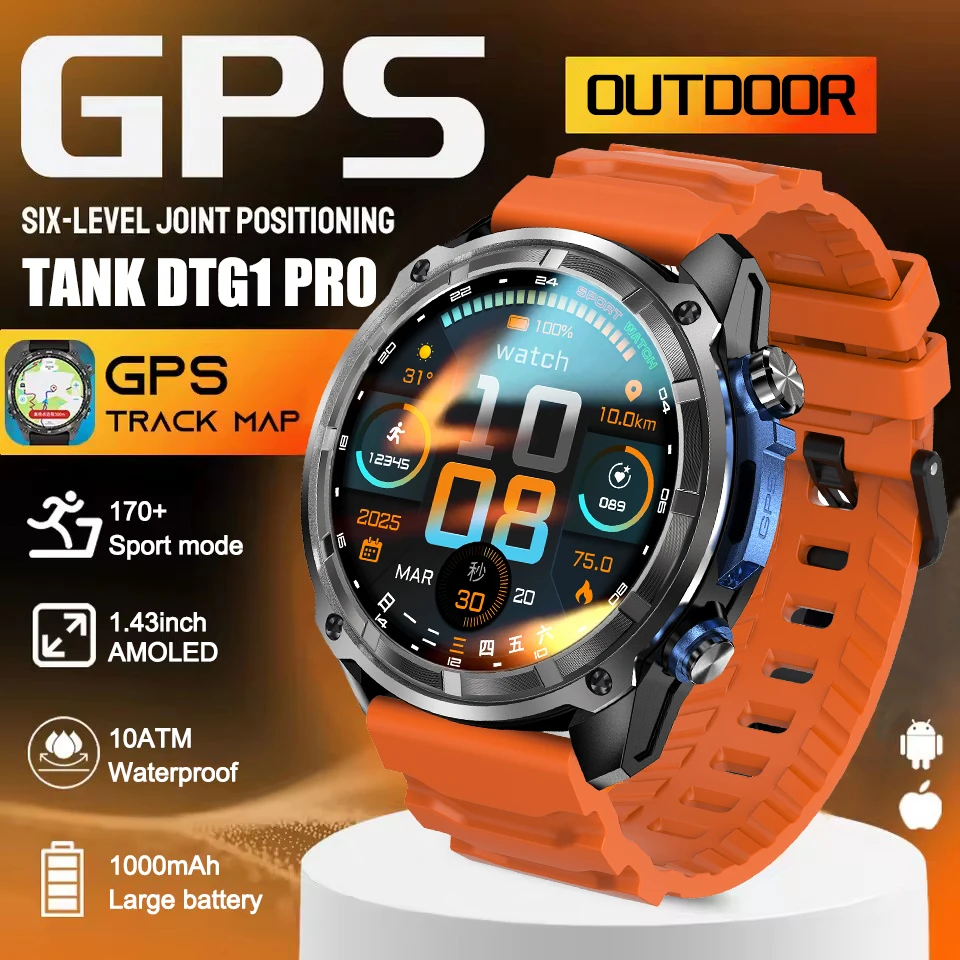

Новые умные часы для мужчин с GPS-картой и GNSS, водонепроницаемые до 10 ТМ, аккумулятор 1000 мАч, 170+ спортивных режимов, Bluetooth-звонки, AMOLED-экран.