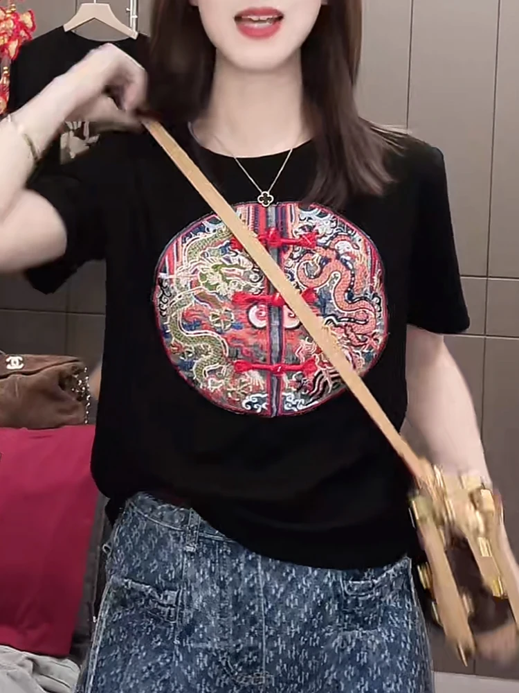New Chinese Sle Embroidered ort Sve Cotton T-irt Women's Slim Fit Summer New Sle Pure Cotton f Sve Top