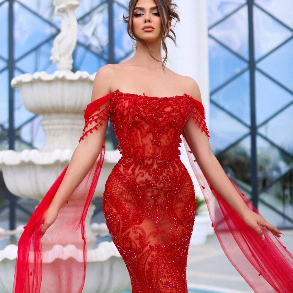 Sexy Illusie Off The Shoulder Cocktail Jurken Glinsterende Kralen Avondjurk Luxe Rode Zeemeermin Lange Prom Gown Robe De Mariée