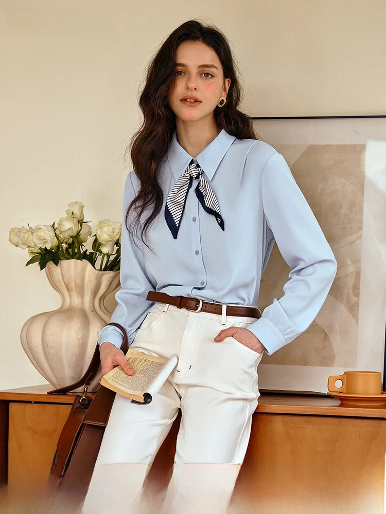 

OLrain Commuter Sle Blue Slimming Silk Scarf irt Women's Long Sve irt Autumn 2025 New Arrival Breathable Skin-friendly