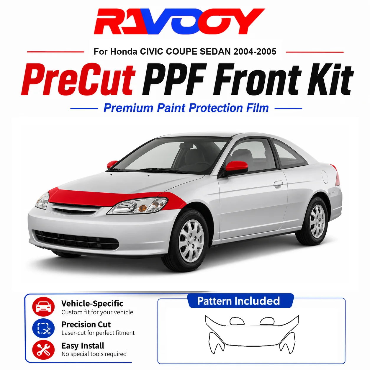 Kit de Película Protetora (PPF) de TPU Pré-Cortada de 8.5mil para Honda CIVIC COUPE SEDAN 2004-2005 - Conjunto para Capô, Para-lamas e Espelhos - Película Transparente Autorregenerativa