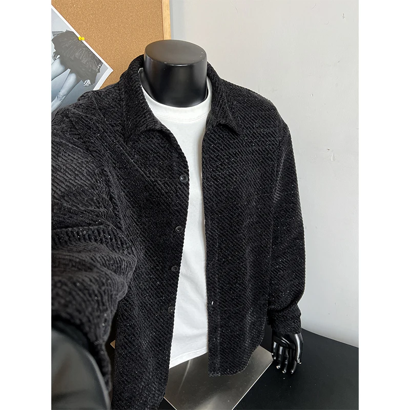Men's Autumn and Winter Shirt Jacket Striped Texture Korean Retro Casual High Street Y2K Loose Large Size Lapel Jacket Black
