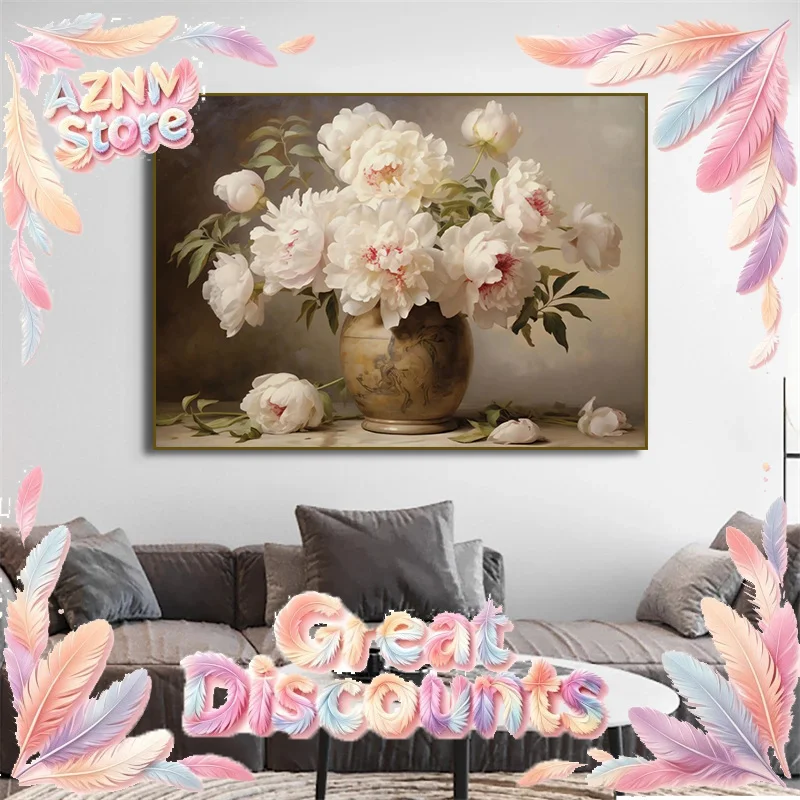 2026 Vintage White Peony  RoseTulips in Antique Vase Blue Hydrangea Poster Canvas Painting Print Wall Art for Living Room 