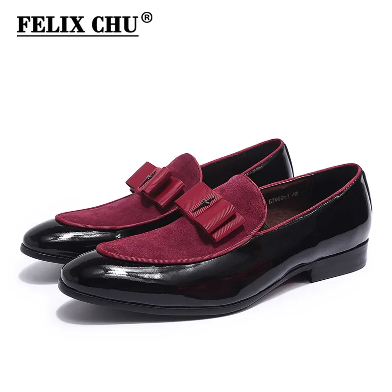 Handmade Men\'s Genuine Leather Patent Suede Loafers Patchwork Bow Tie Dress Shoes for Wedding Banquet Formal Occasions