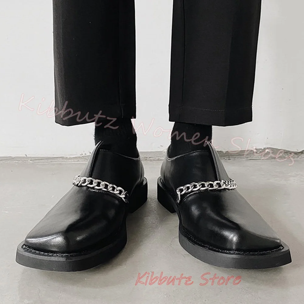 Men Chain Detail Pump Vintage Leather Slip On Flat with Shoes Comfortable Square Toe Office Walking Footwear Fashion Slip-On New
