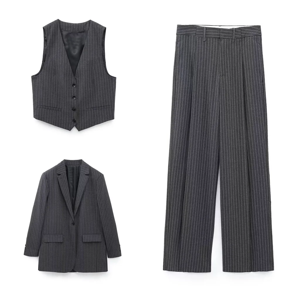 2024 Winter New Women's Wear Style Fine Stripe Long Suit Coat Vest Pants 2010823 809