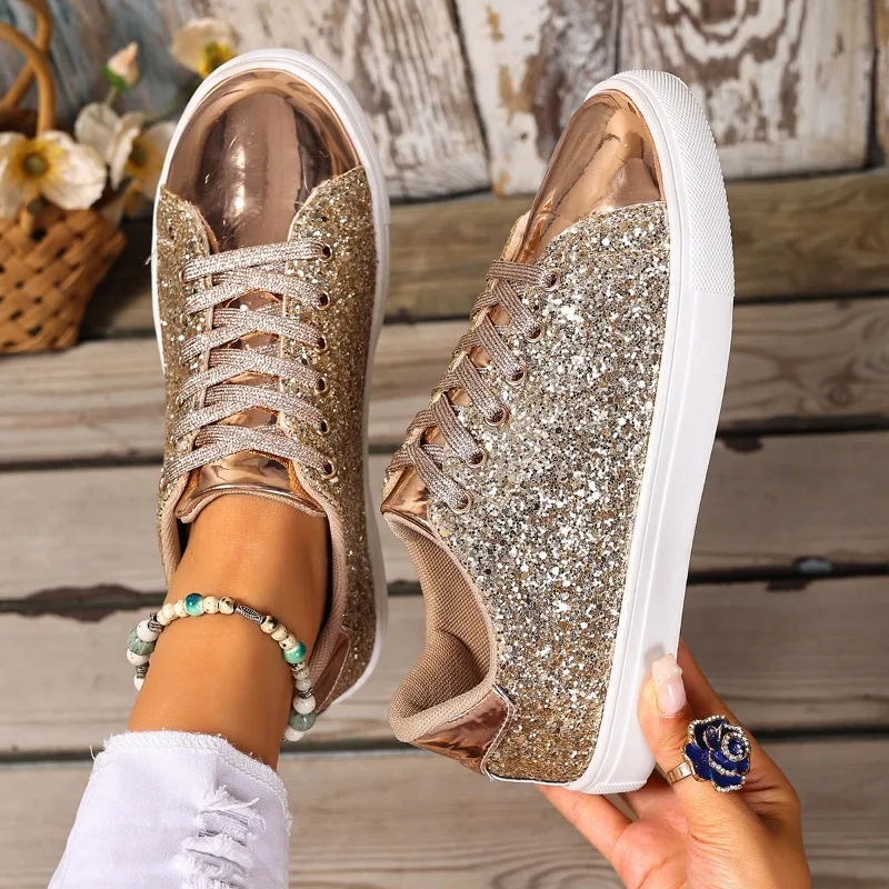 

Women Sneakers Bling Golden Casual Shoes for Women Breathable Outdoor Sport Shoes Fashion Round Toe Flat Shoes Zapatos De Mujer