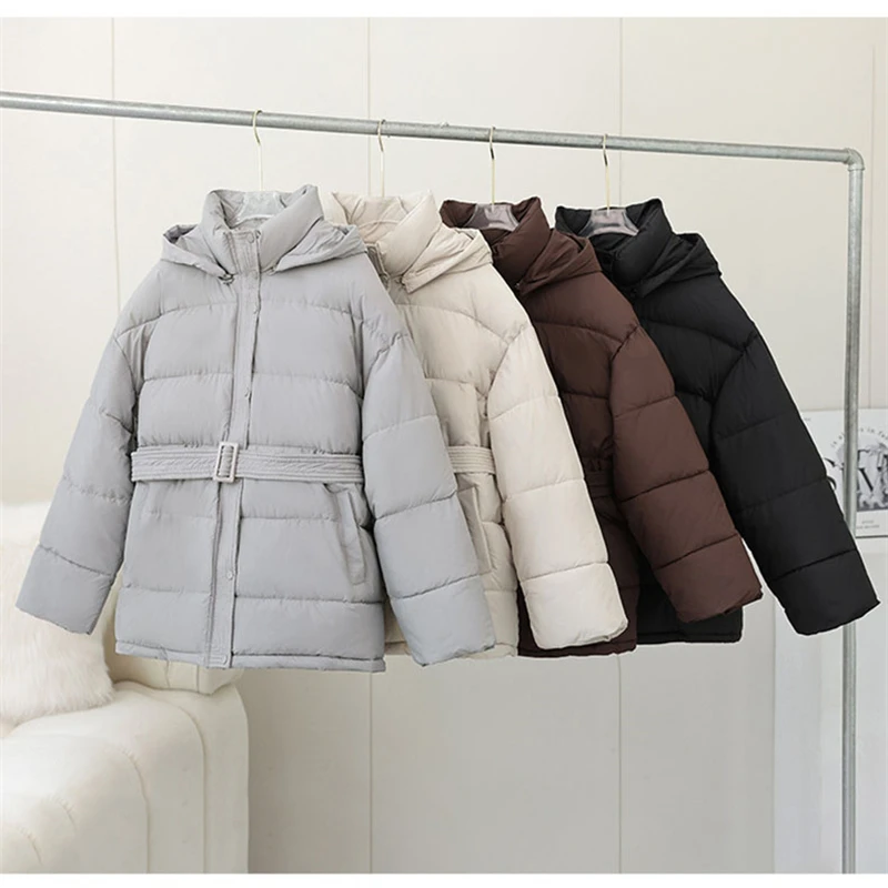 Grube, ciepłe zimowe kurtki puchowe damskie, dopasowany krój, pasek, koreański styl, luźne, odpinany kaptur, ocieplane bawełną kurtki puchowe, casualowe, nowość 2025