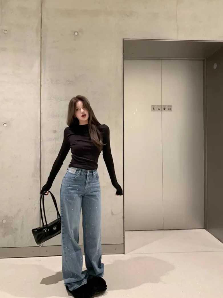 

Fashionable Casual Long Sleeve High Collar Two-Piece Set Slimming Jeans Diamond Embellished T-Shirt for Women Spring Season