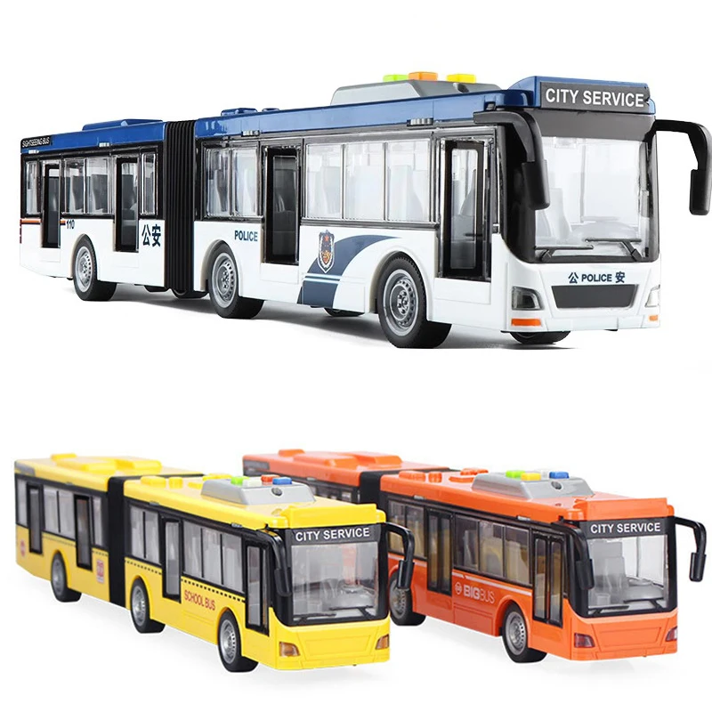 Modelo de fundição de ônibus articulado, grande simulação, inércia, luz sonora, seção dupla, brinquedos do carro do campus para crianças