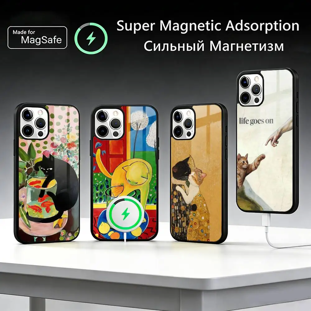 

Funny Artistic Cat Painting Phone Case For IPhone17 16 15 14 13 12 11 Plus Pro Max Plus Wireless Charger Cover Funda