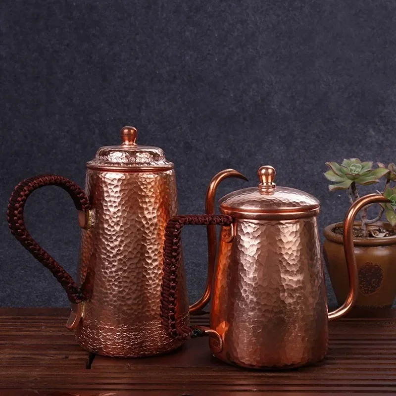 Vintage Pure Copper Coffee Pot,Hammer Texture Weave Portable 500 ml Heat Resistant Filter Kettle,Handcrafted Curved Spout Teapot