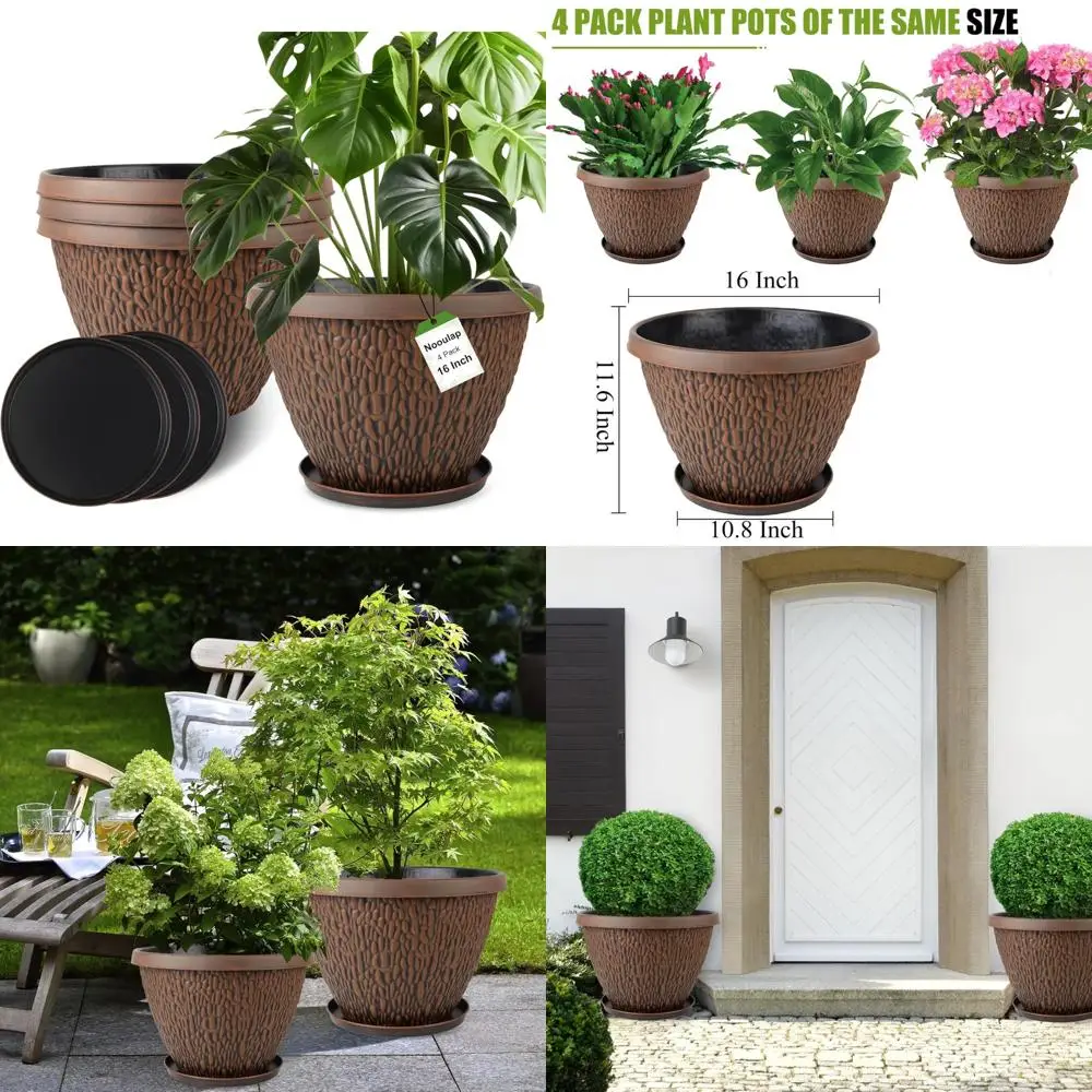 

16 inch large outdoor plant pot, 4 pack thickened flower pots with drainage holes & saucer, pebbles pattern design tree planters