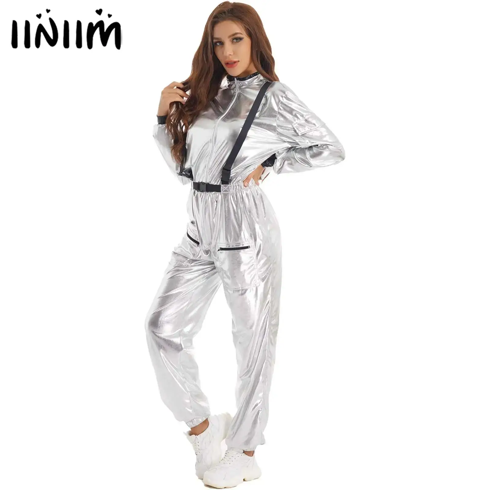 Womens Astronaut Cosplay Costume Long Sleeve Metallic Overall Jumpsuit Zipper Bodysuit Metallic Shiny Spacewoman Roleplay Outfit