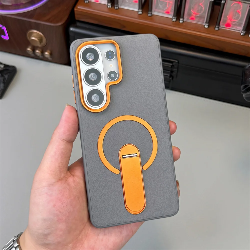 Folding Metal Stand Magnetic Phone Case For Samsung S26 S25 S24 Ultra For Magsafe Wireless Charge Orange Rotating Bracket Cover