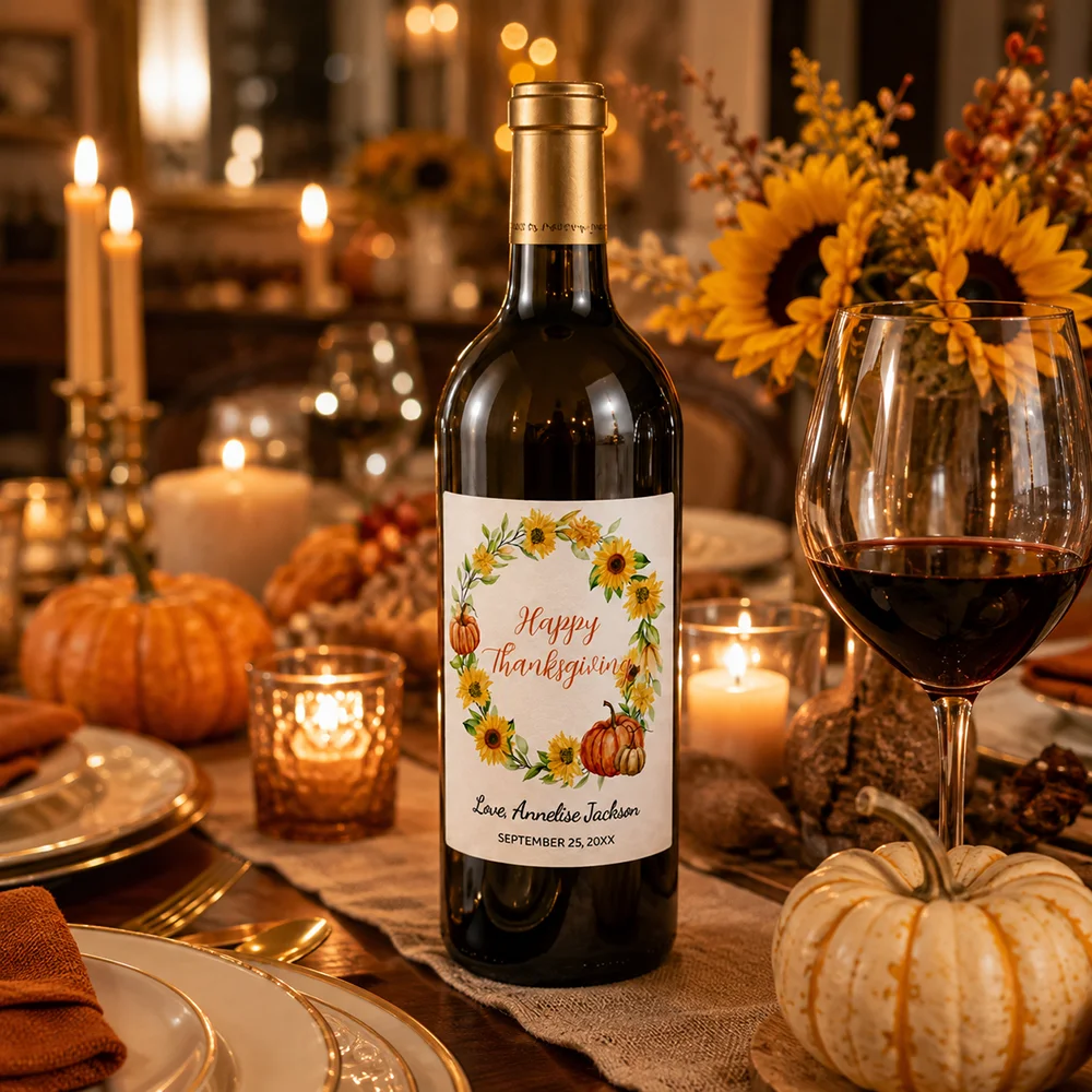 Customized wine bottle labels - Personalized thank-you wine bottle stickers, gift tags, wedding and birthday decorations, Thanksgiving celebration tags, fun autumn party labels with hand-drawn pumpkin, berry, and floral designs featuring "Happy Thanksgiving" - view 5