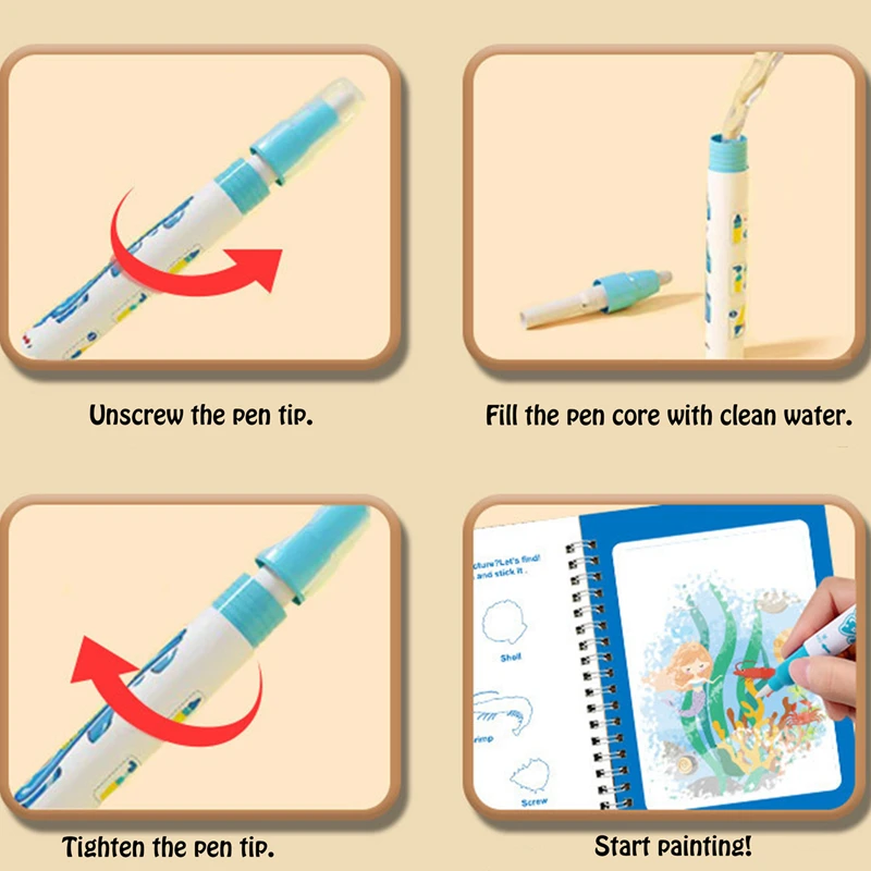 Ensemble d'art Magic Water Reveal – Livre de peinture à l'eau réutilisable avec autocollants, activité de coloriage et d'autocollants 2 en 1 pour enfants