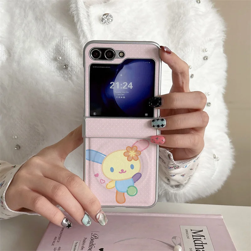 

Pink Cute Cartoon Bunny Phone Case For Samsung Galaxy Z Flip 4 5 6 7 FE Polka Dot Soft Cover Shockproof Fold Shell Silver Edge