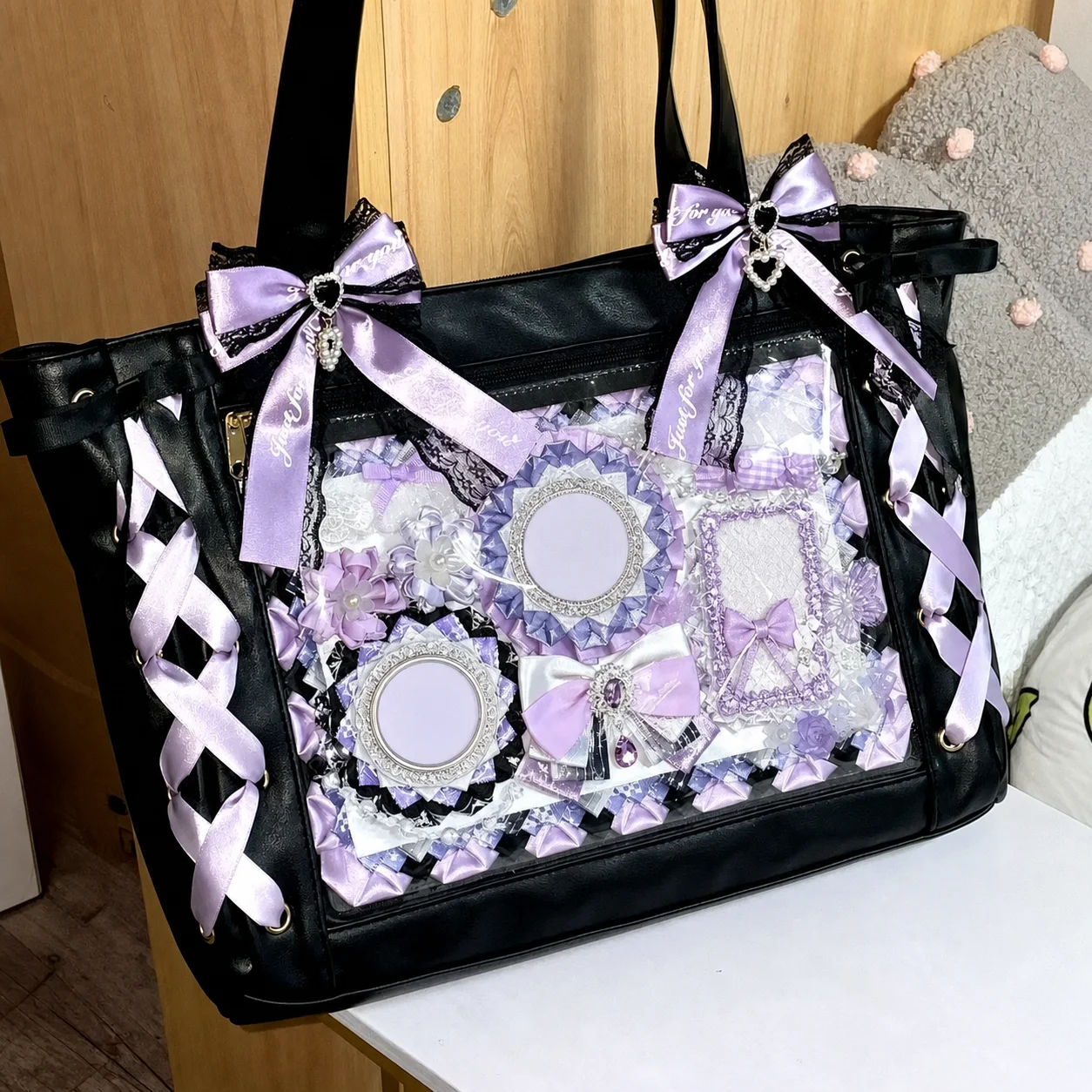 Japanese Tote Bag Lace Up Ita Tote Bag Collectible Display Bag Decorative Shoulder Handbag For Daily Shopping Daily Commute A4