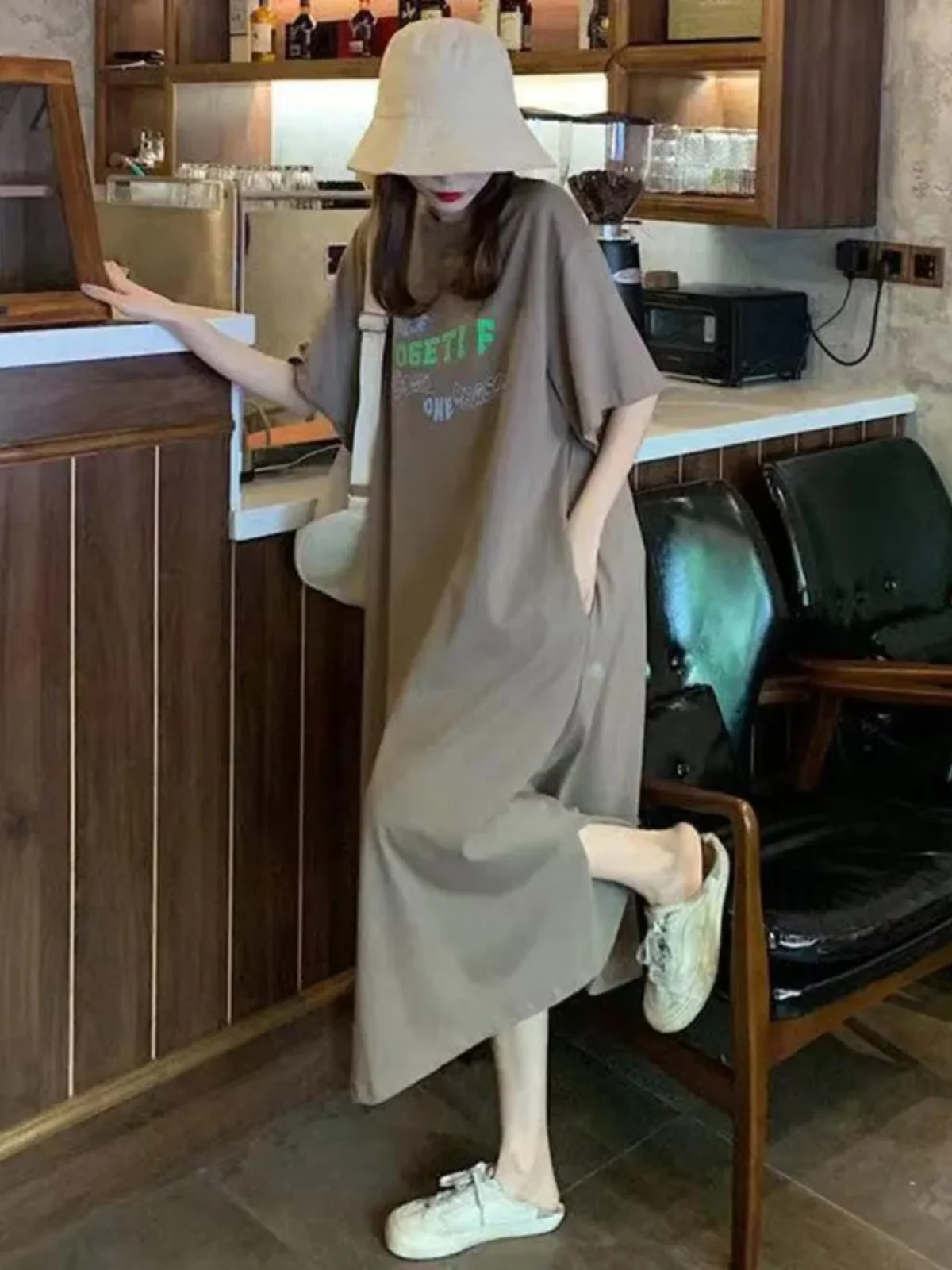 T-shirt grande taille 300 Pou Chic Lazy Sle Micro Fat MM Dr Summer New Hip Covering Meat Conceal Thin Dr Korean Sle