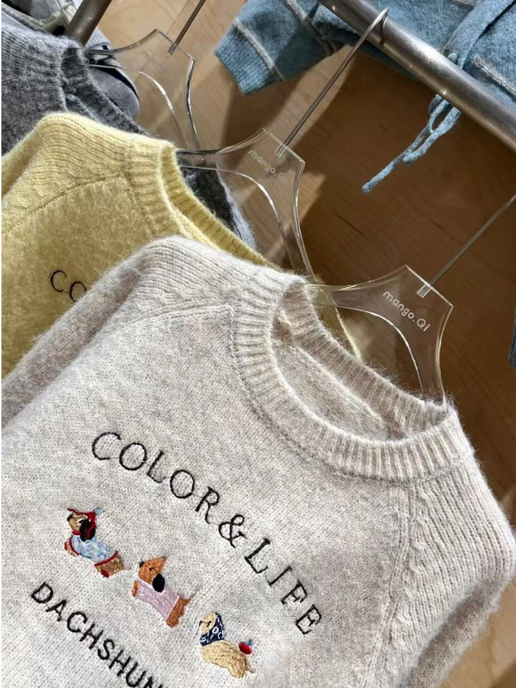 الكورية Sle الوزن الثقيل الكرتون الكلب المطرزة سترة المرأة الشتاء الجولة Ne محبوك Jaet العصرية فضفاضة تناسب طويلة Sve