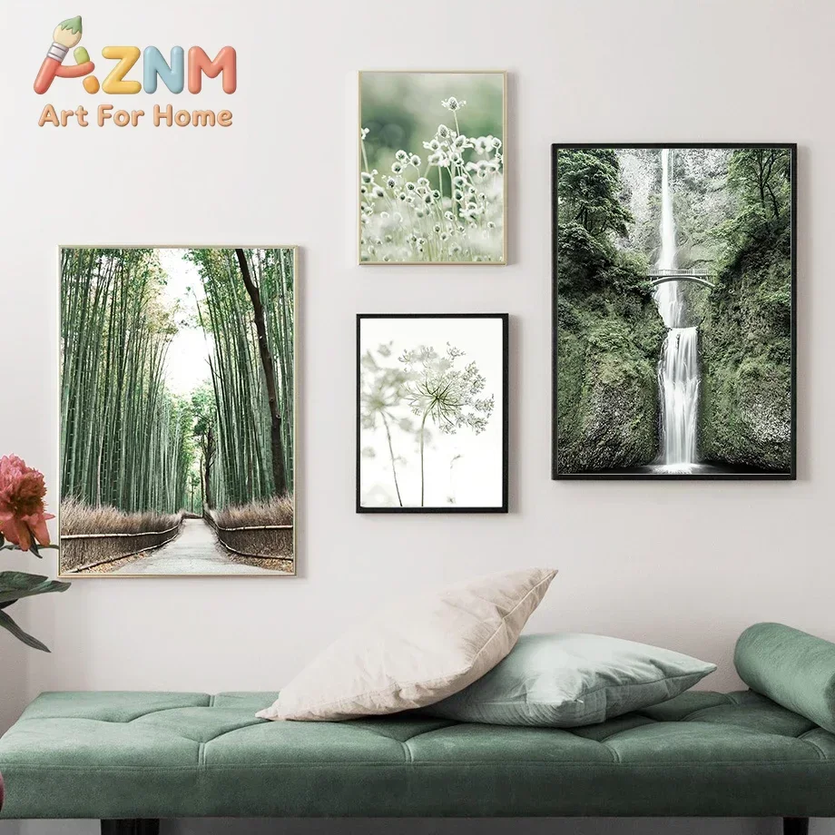 AZNM Green Bamboo Forest Waterfall Nature Canvas Wall Art Plant Floral Landscape Motivational Quote Art Print Unframed Canvas Po