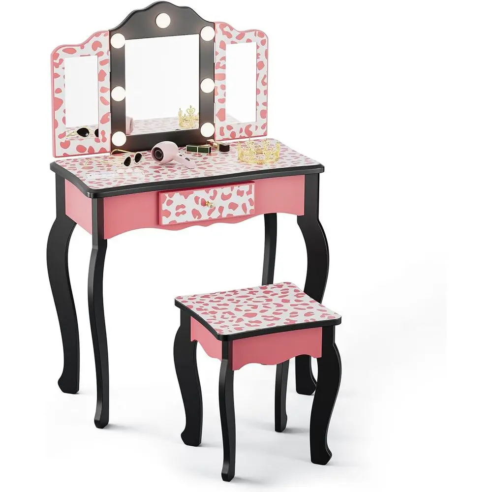 Girls Leopard Print Vanity Set with Tri-fold Mirror and Lights, Pink Makeup Desk