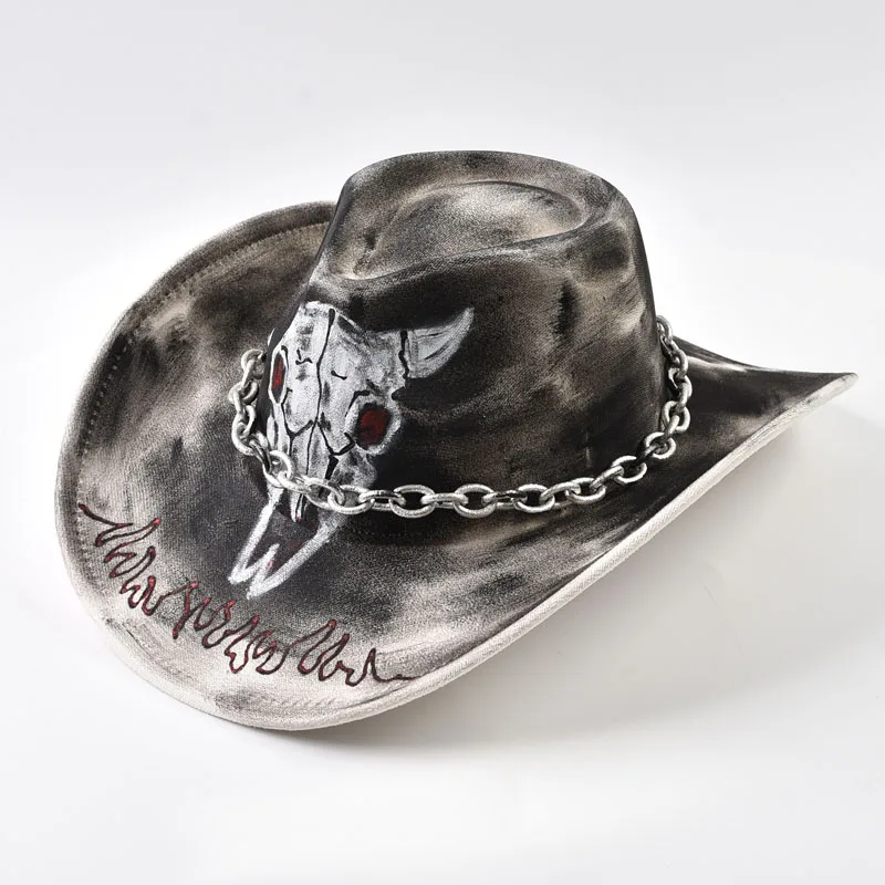 Handmade Paint Western Cowboy Hat Vintage Big-edge Travel Cowgirl Jazz Hat Holidays Party Cosplay Hat