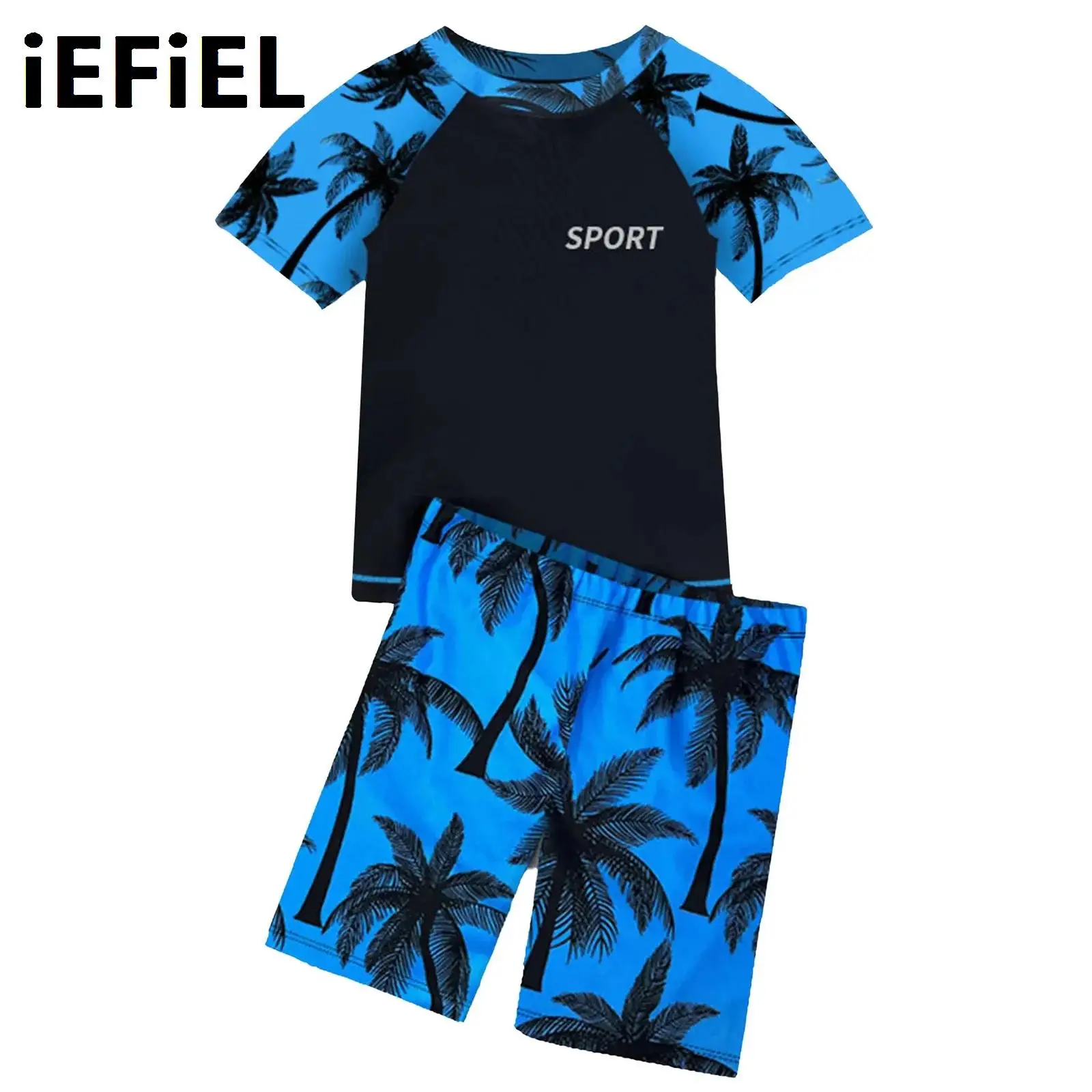 

Children Swimwear Boys Two Pieces Printed Swimsuit Rash Guard Set Short Sleeve Swim Tops with Drawstring Shorts Bathing Suit