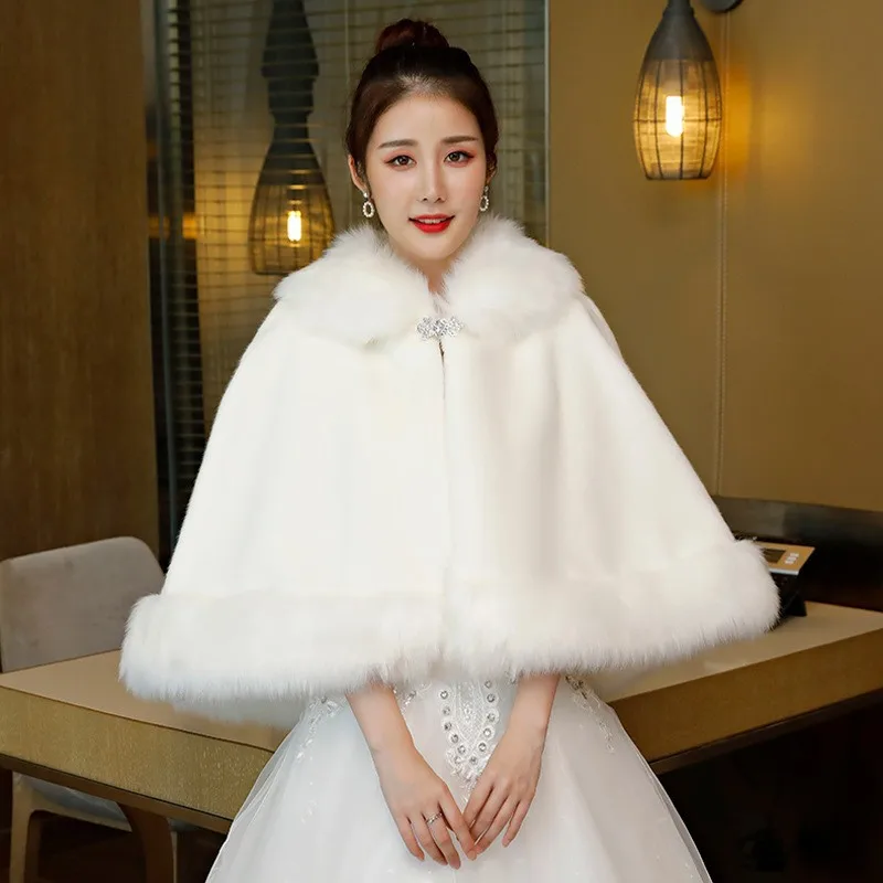 

White Faux Fur Cape Shawl with Fur Trim Rhinestone Clasp for Wedding Bridal Evening Dress