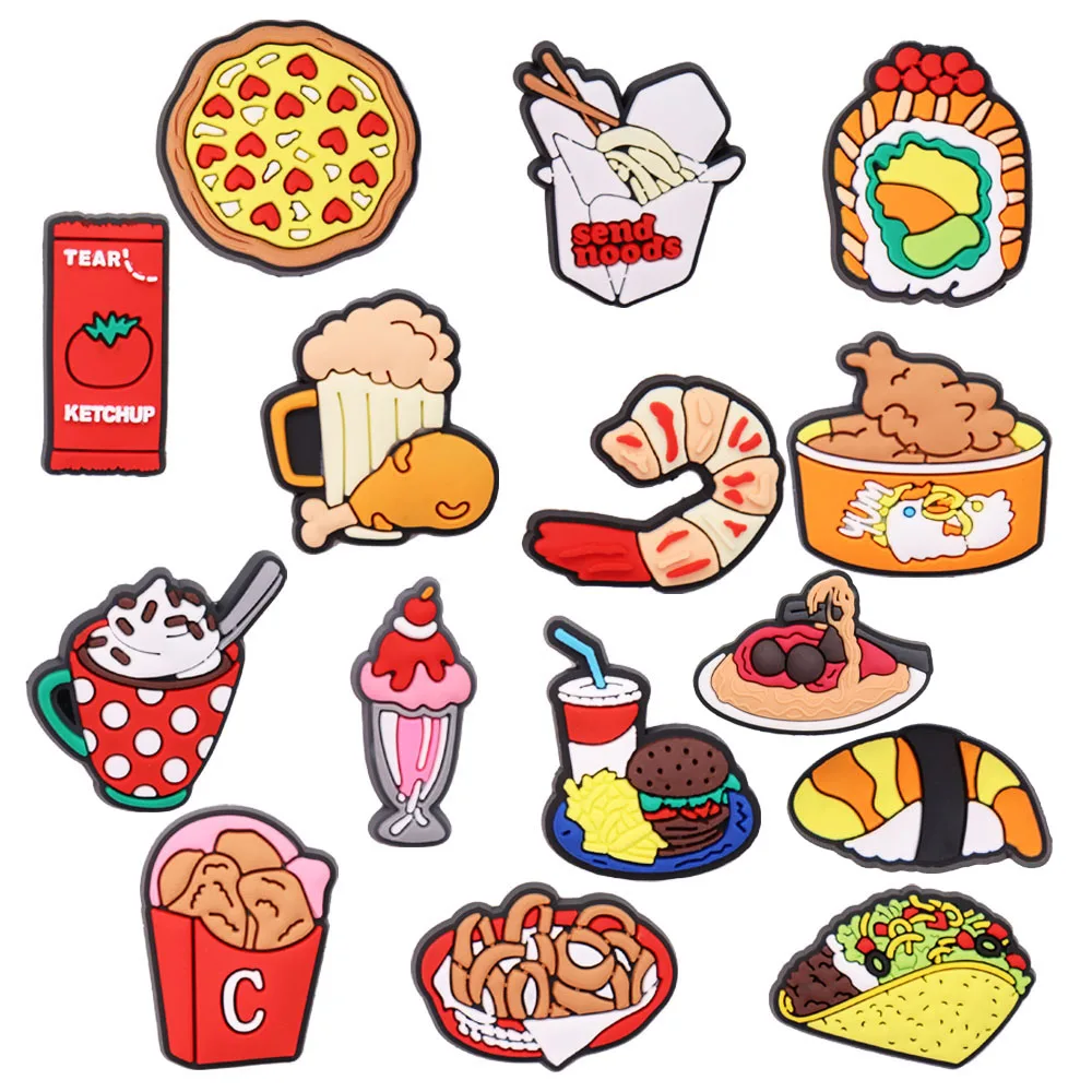 1PCS PVC Cartoon Shoe Charms Kawaii Food Pizza Ketchup Fried Chicken Beer Shrimp Coffee Buckle Clog Children Adorable Decoration