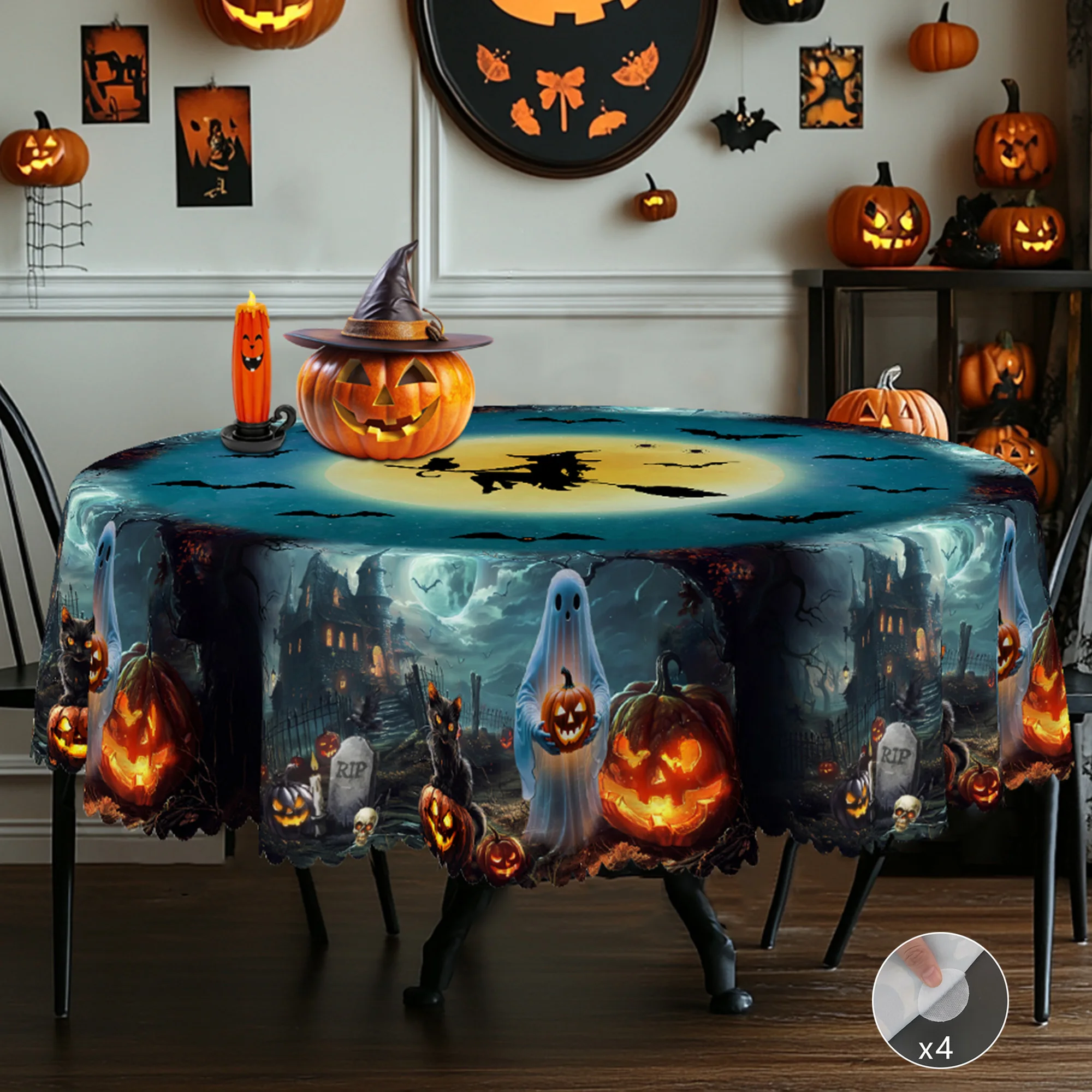 1 Halloween Themed Tablecloth, Retro Farmhouse Style, Pumpkin, White Ghost, Witch Pattern Design, Suitable for Holiday Parties, Camping Picnic, Garden Birthday Parties, Kitchen Accessories, Restaurant Terrace, Tablecloths for Indoor and Outdoor Use, Perfect Gifts for Friends, Multiple Sizes Available