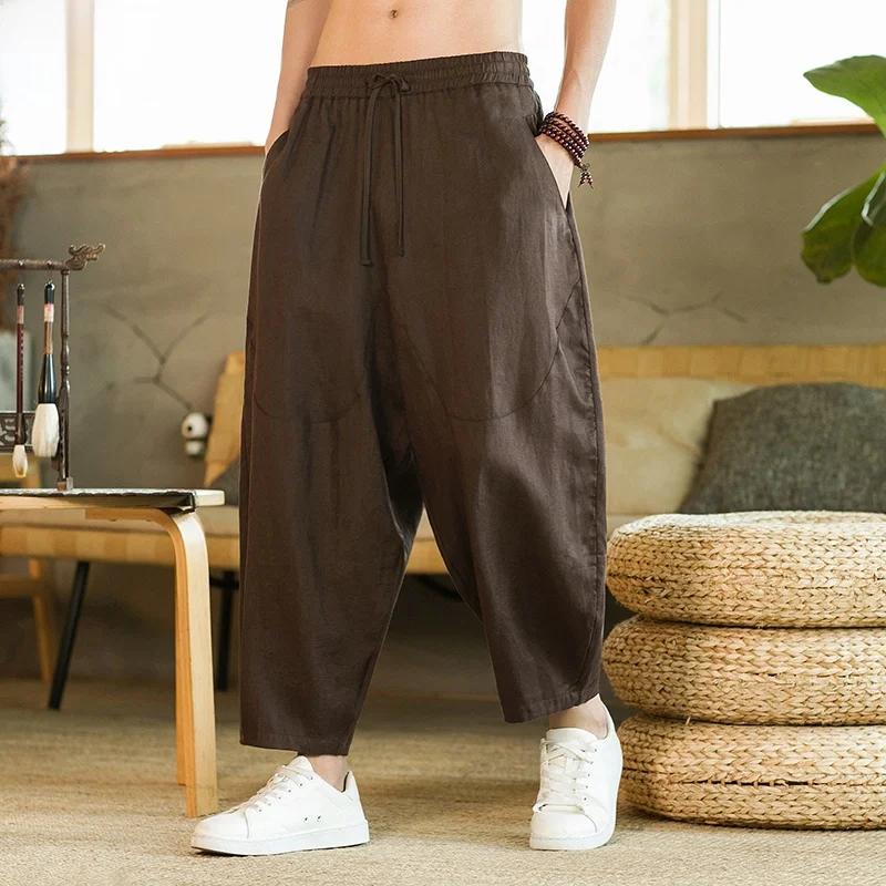 100% Pure Linen Wide Leg Harlan Men's Summer Loose Casual Lantern Nine Points Long Pants Casual Youthful Style Thin Fabric