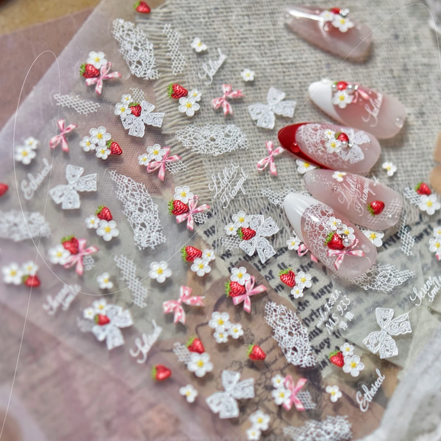 

Watercolor Strawberry 5D Embossed Nail Art Stickers White Bloom Plaid Texture Bow Lace Floral Self-adhesive Nail Art Decor DIY