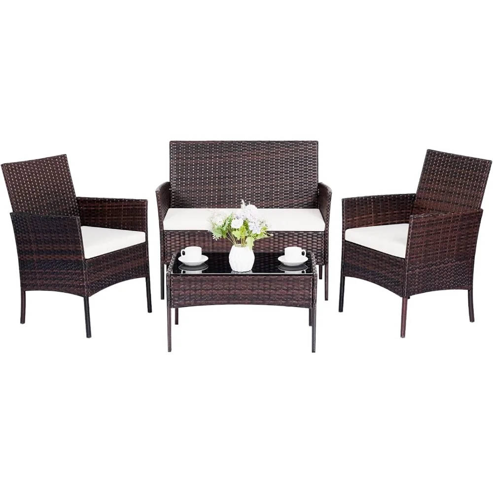 

Patio Furniture Set 4 Pieces of Outdoor Furniture,Patio Table and Chairs with Thick Cushion Sectional Sofa Couch Set,Manual Wick