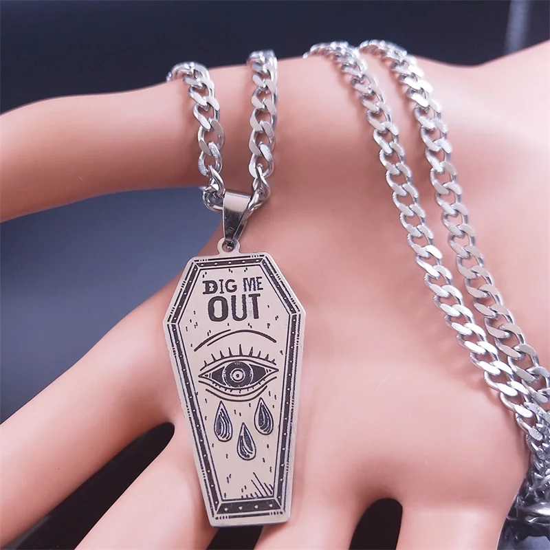 Punk DIG ME OUT Coffin Pendant Necklace Stainless Steel Goth Eyes Tears Necklaces Music Gothic y2k Jewelry collar acero N3703