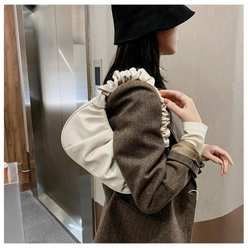 New Cloud Pleated Handlebags Solid Color PU Leather Bags for Women Dumpling Tote Armpit Bag Underarm Bags