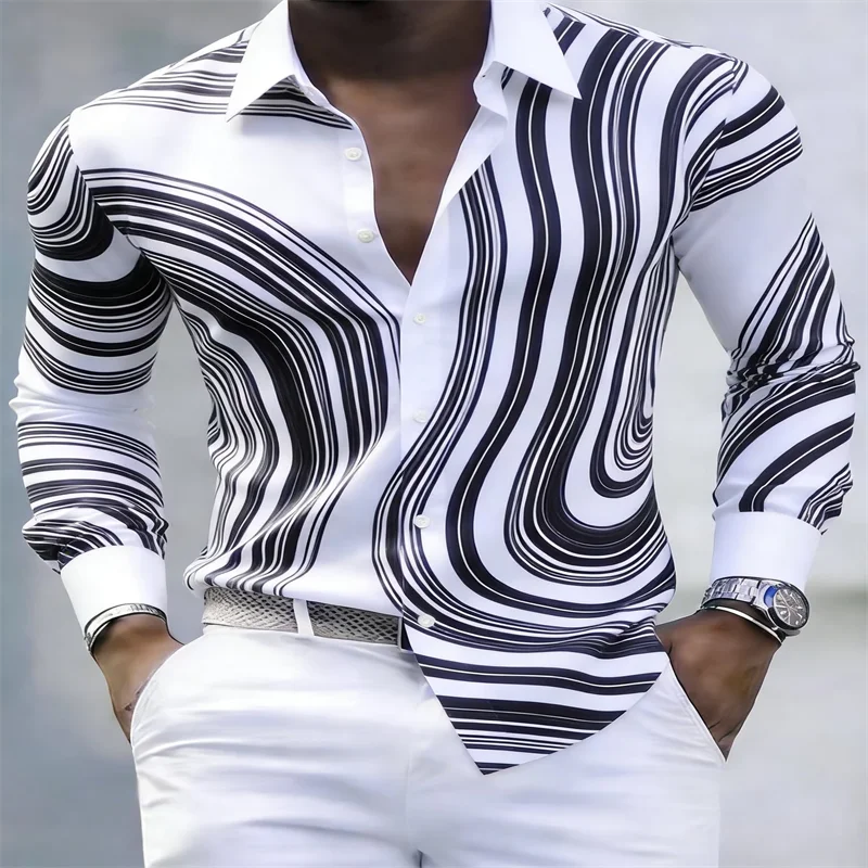 

Men's Abstract Liquid Art 3D Printed Shirt, Spring/Autumn Collared Long-Sleeved Shirt, Stylish Casual Men's Top