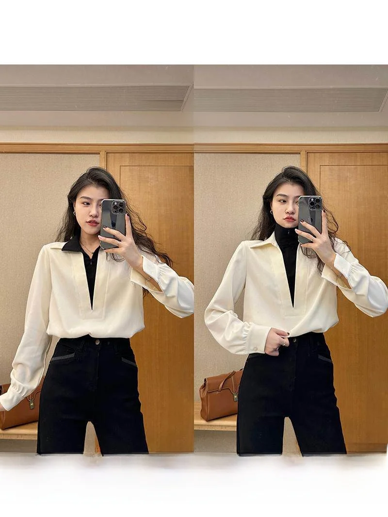 

Fashionable Fake Two-Piece Patchwork Shirt Elegant Autumn New Style Women's Loose Fit Polyester Fiber Long Sleeve Shirt