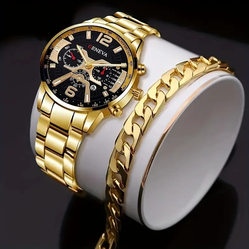 2pcs/set Men's Luxury Circular Calendar Quartz Watch+bracelet, Casual Business Sports Style, Men's Watch