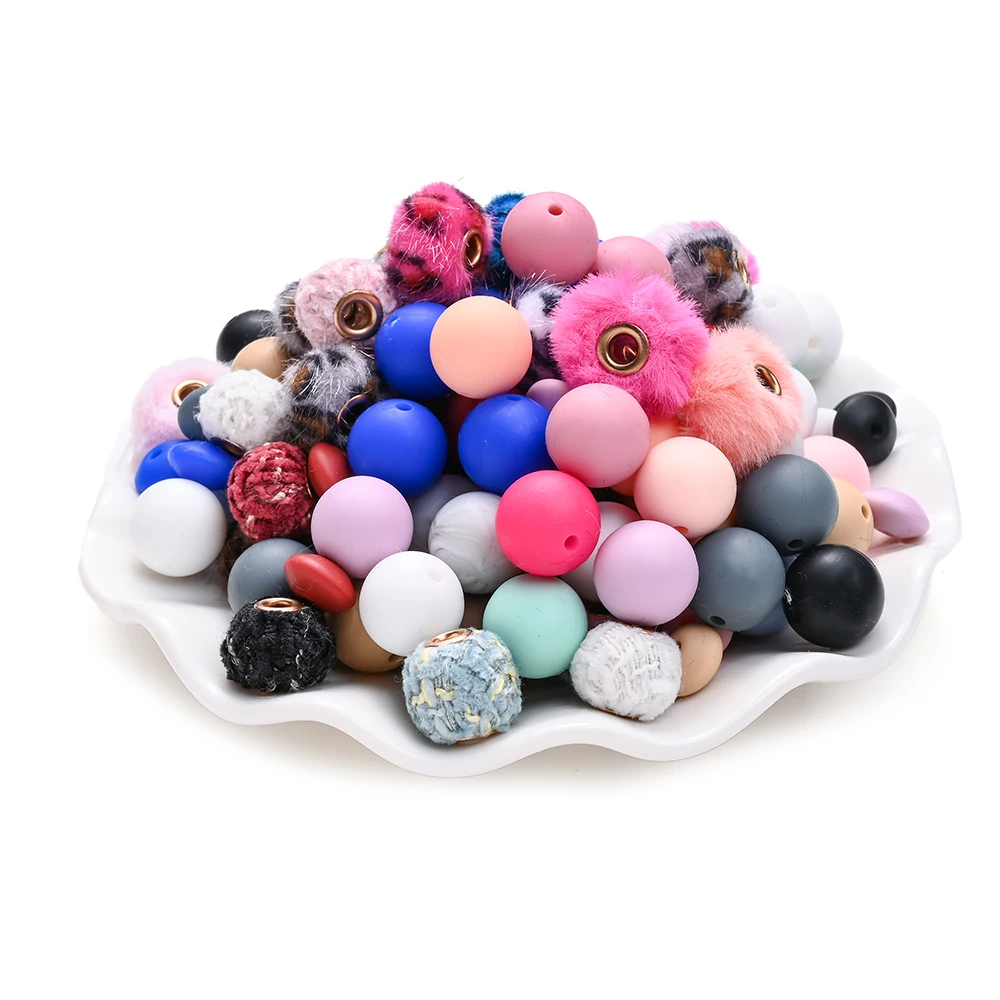 36PCS/Lot Baby Teether Chew Pacifier Clip Chain Accessoies Silico Beads BPA Free Silicone Beads Polyester Fiber Plush Beads