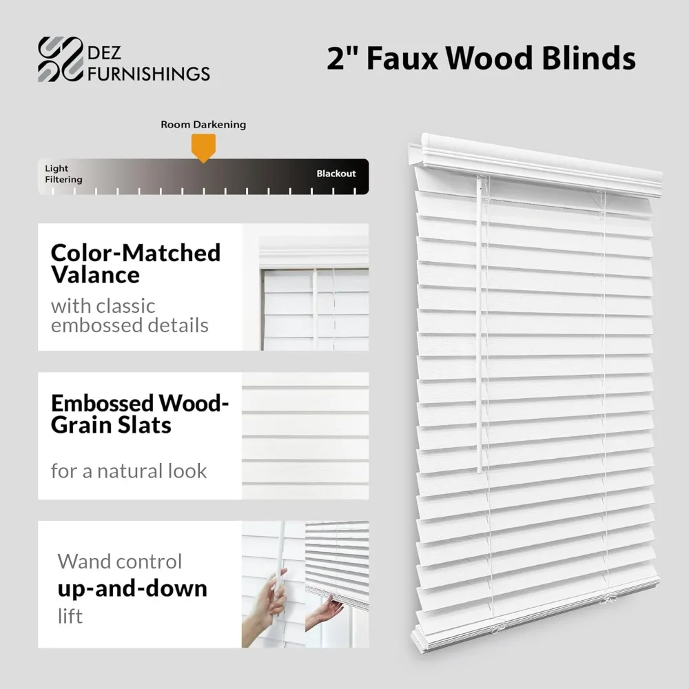 ستائر خشبية صناعية لاسلكية مقاس 2 بوصة، 20.75 بوصة عرض × 64 بوصة ارتفاع، أبيض - سهل التعديل وآمن للأطفال #1